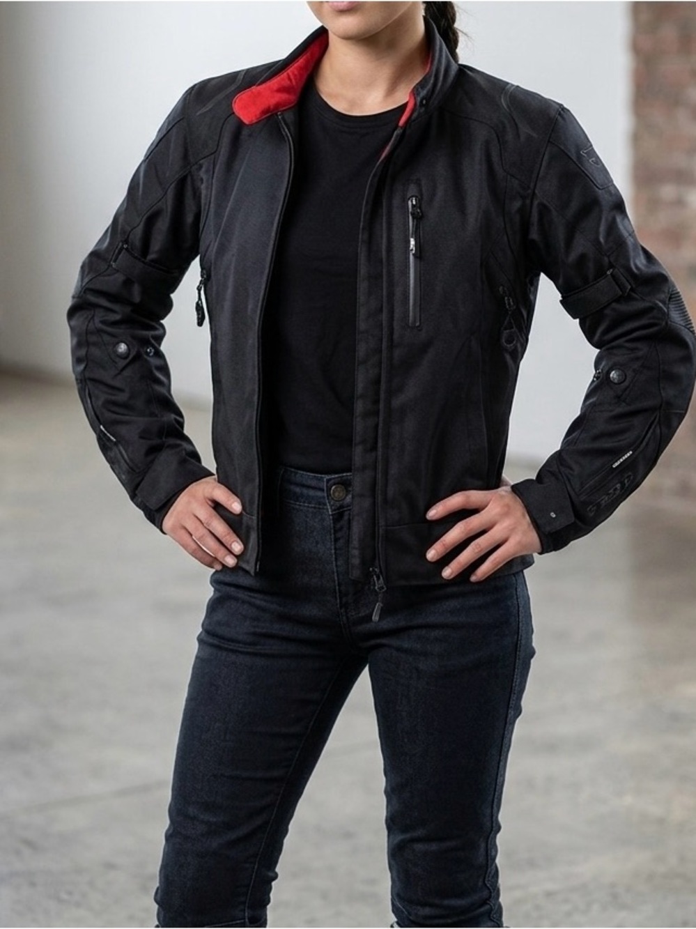Oxford Women's Black Moto Jacket with Red Collar Accent